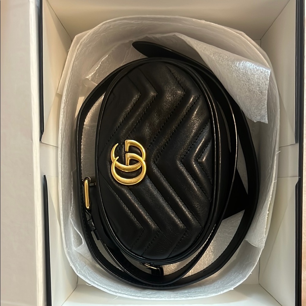 Black Quilted Gucci Leather Belt Bag with Gold Accent
